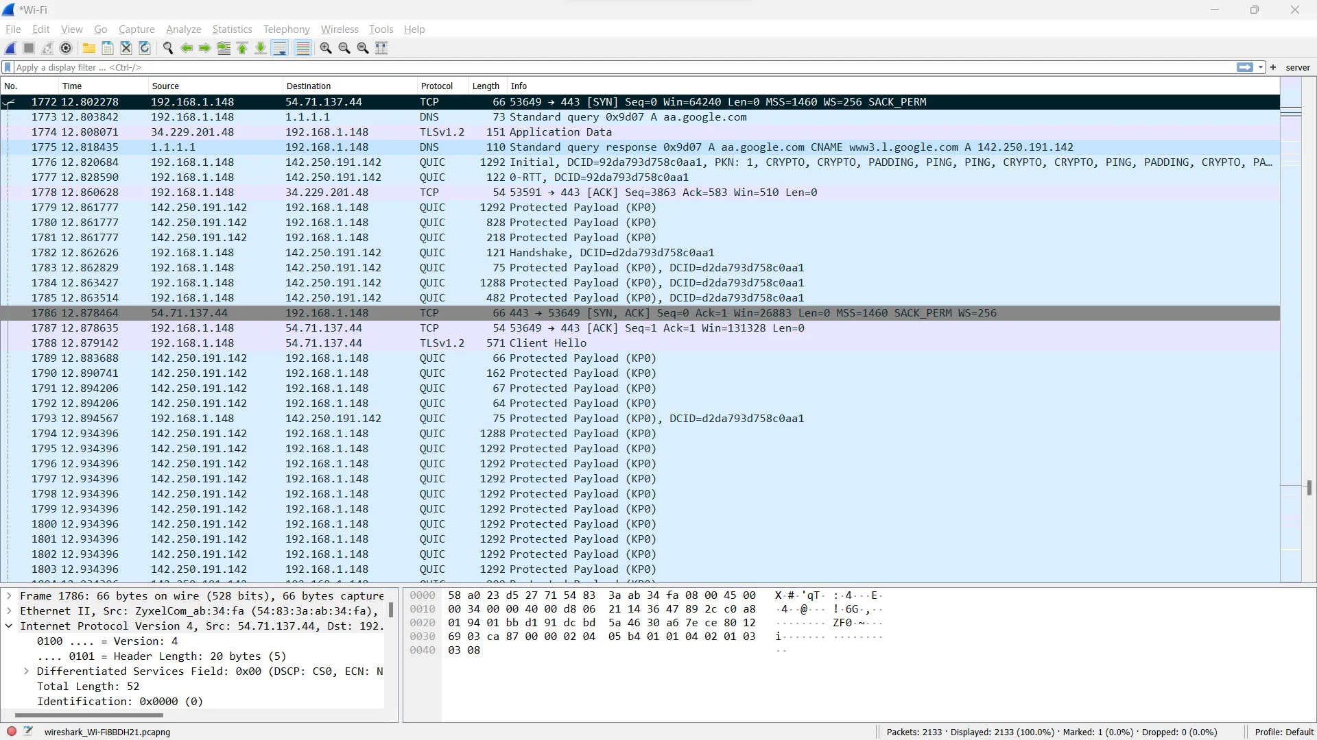 Wireshark to Google