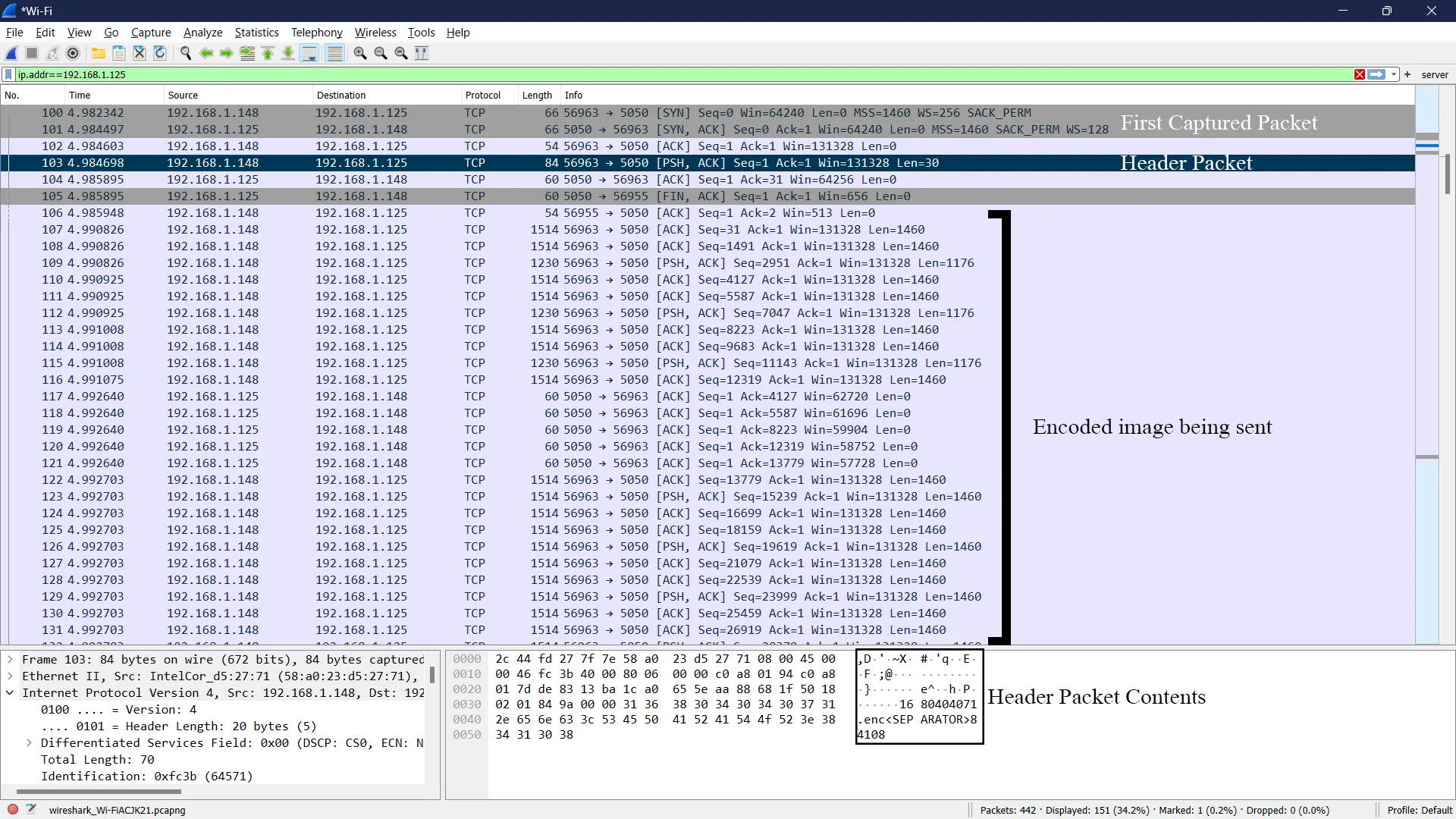Wireshark to the server, header packet